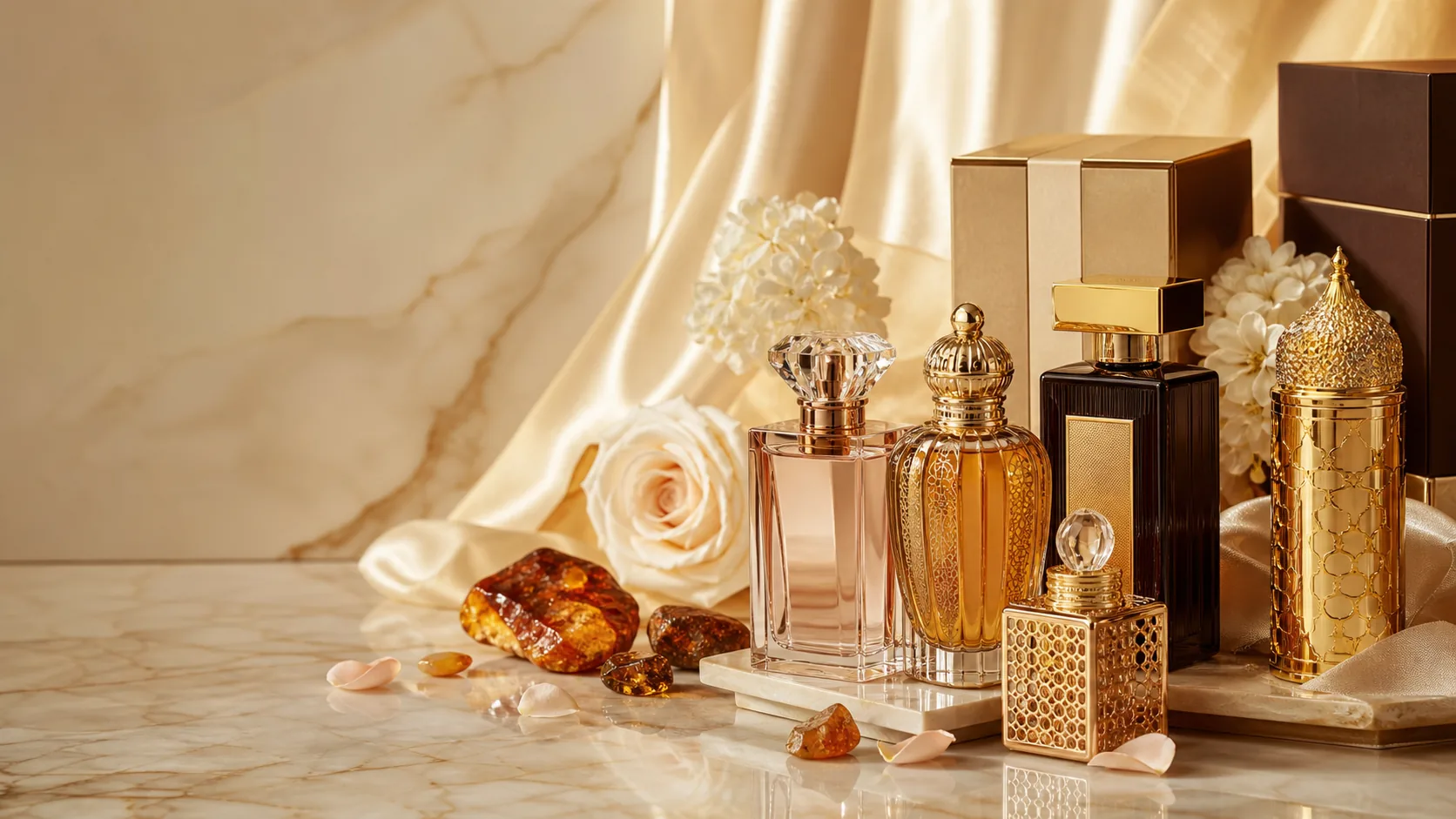 Perfumes premium em cenário elegante de mármore e dourado